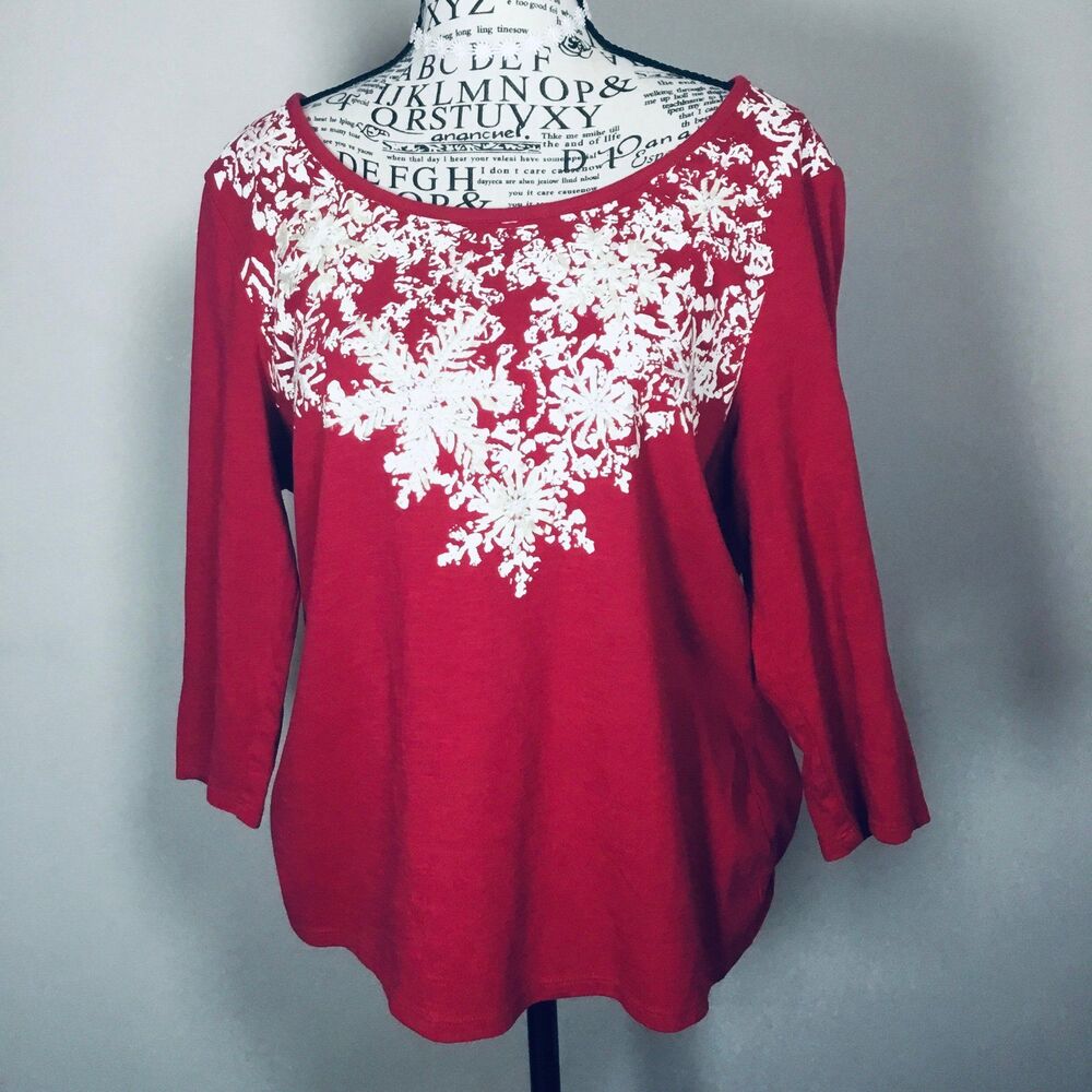 Red top embroidered ribbon snowflakes Christmas Xmas holidays winter snow L